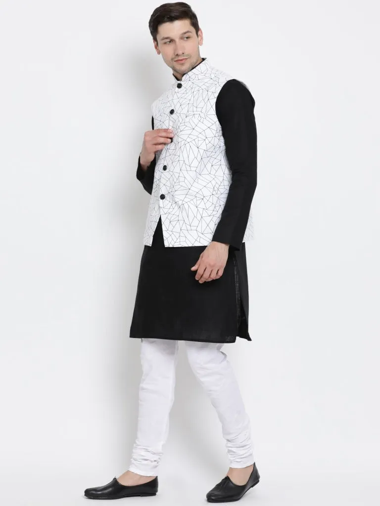 Jashvi Men's Black Cotton Blend Kurta, Ethnic Jacket and Pyjama Set