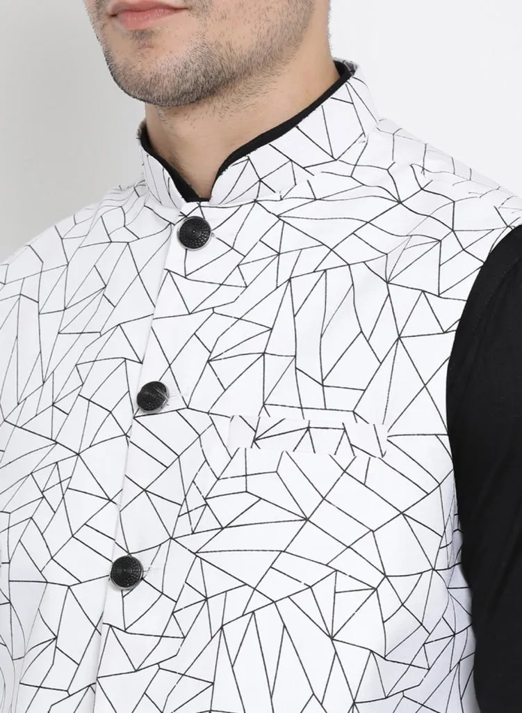 Jashvi Men's Black Cotton Blend Kurta, Ethnic Jacket and Pyjama Set