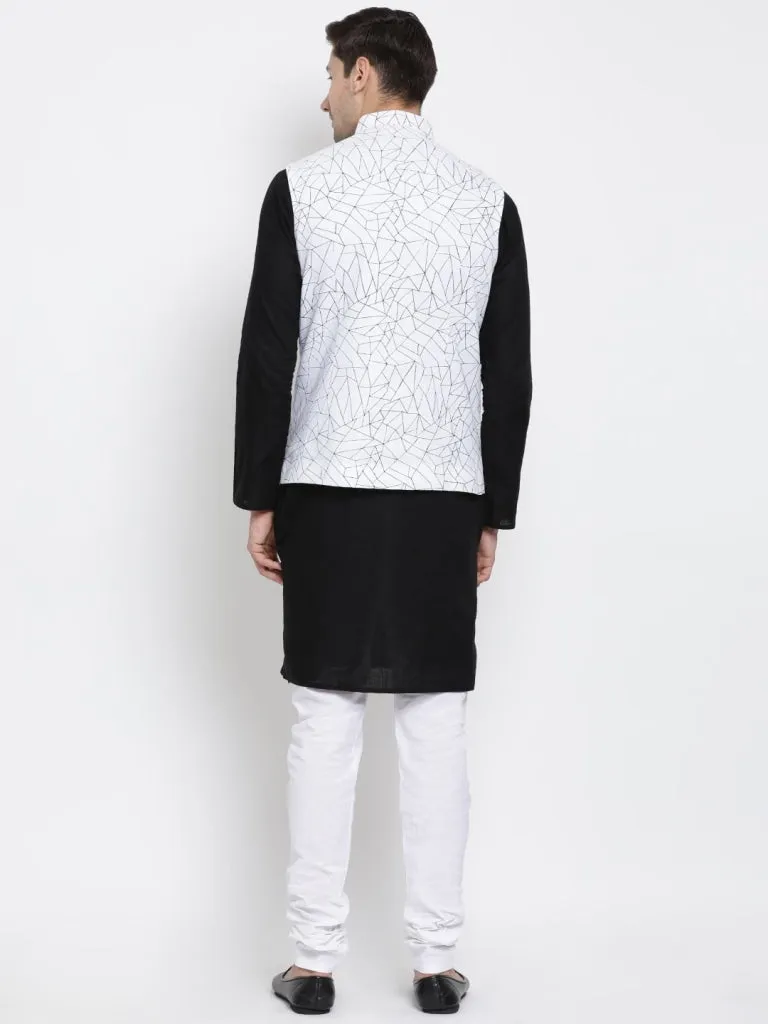 Jashvi Men's Black Cotton Blend Kurta, Ethnic Jacket and Pyjama Set