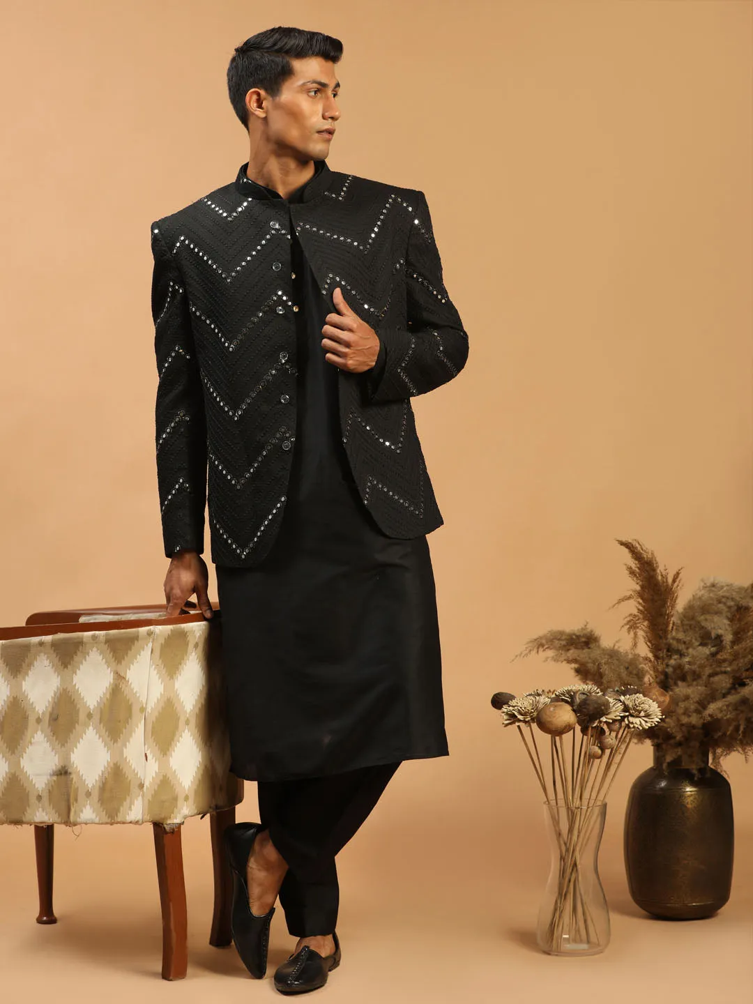 Jashvi Men's Black Mirror Jodhpuri With Kurta Pant Set