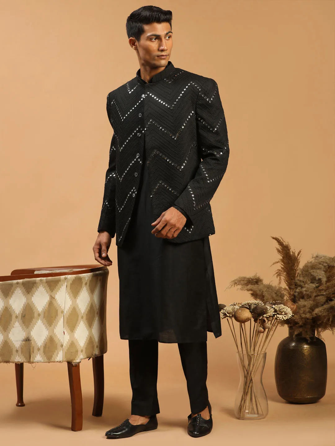 Jashvi Men's Black Mirror Jodhpuri With Kurta Pant Set