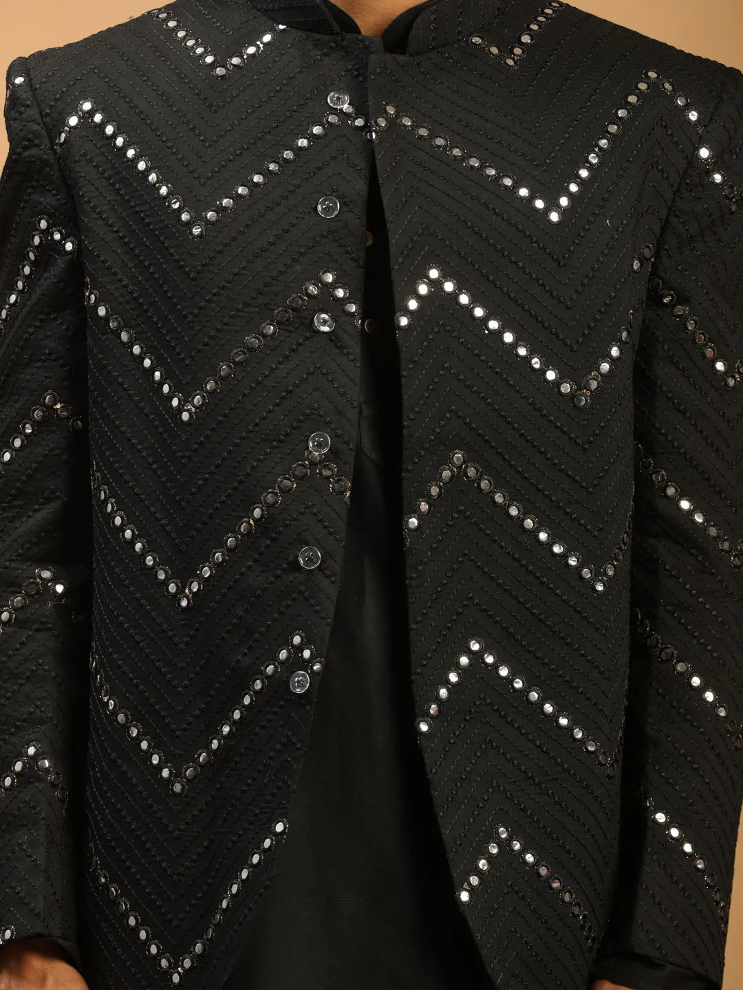 Jashvi Men's Black Mirror Jodhpuri With Kurta Pant Set