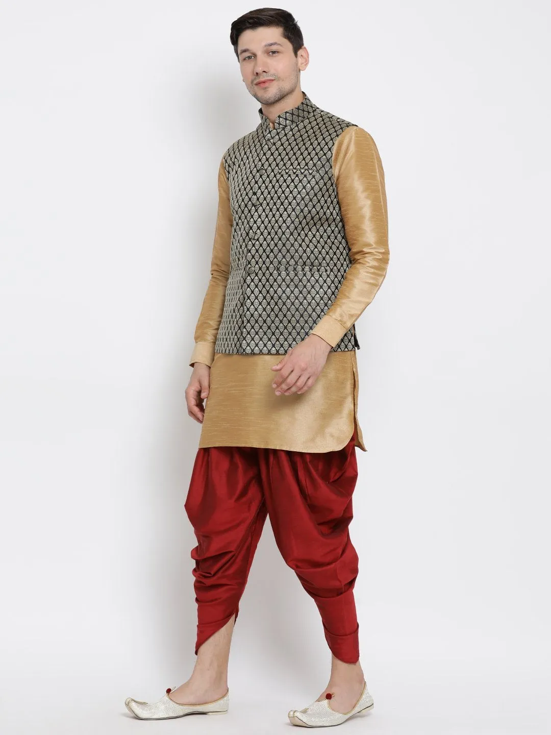 Jashvi Men's Black Silk Blend Jacket With Curved Kurta Dhoti Set