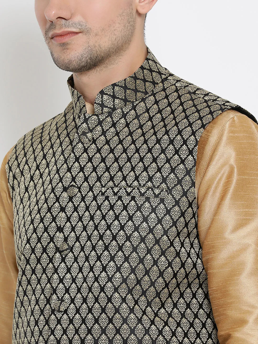 Jashvi Men's Black Silk Blend Jacket With Curved Kurta Dhoti Set