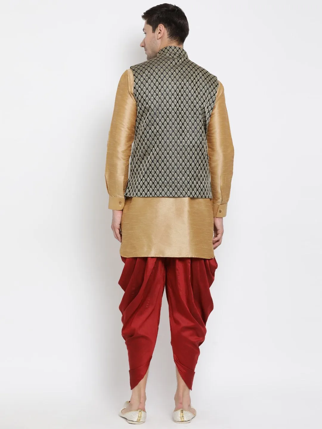 Jashvi Men's Black Silk Blend Jacket With Curved Kurta Dhoti Set