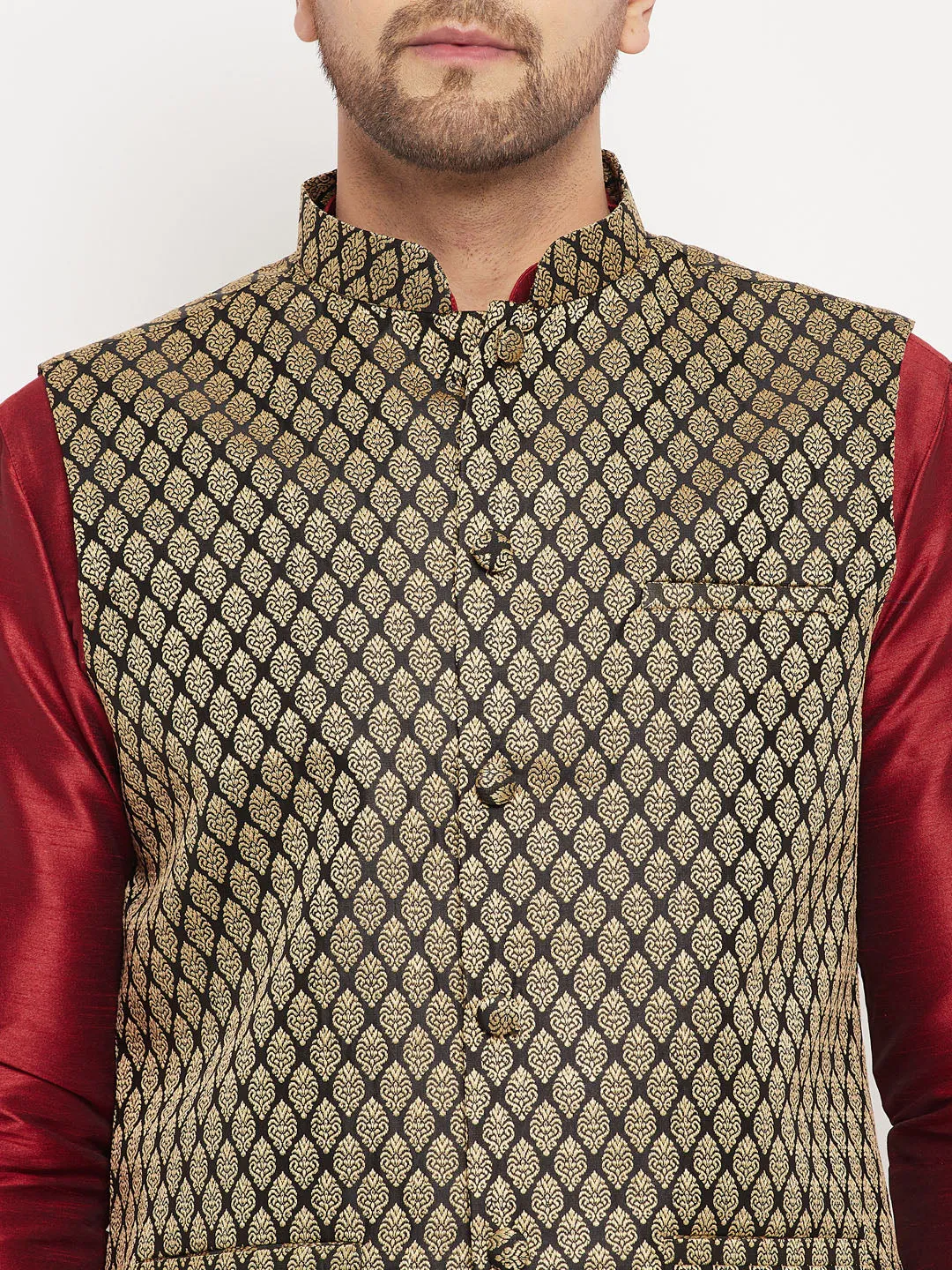 Jashvi Men's Black Silk Blend Jacket With Kurta Pant Set
