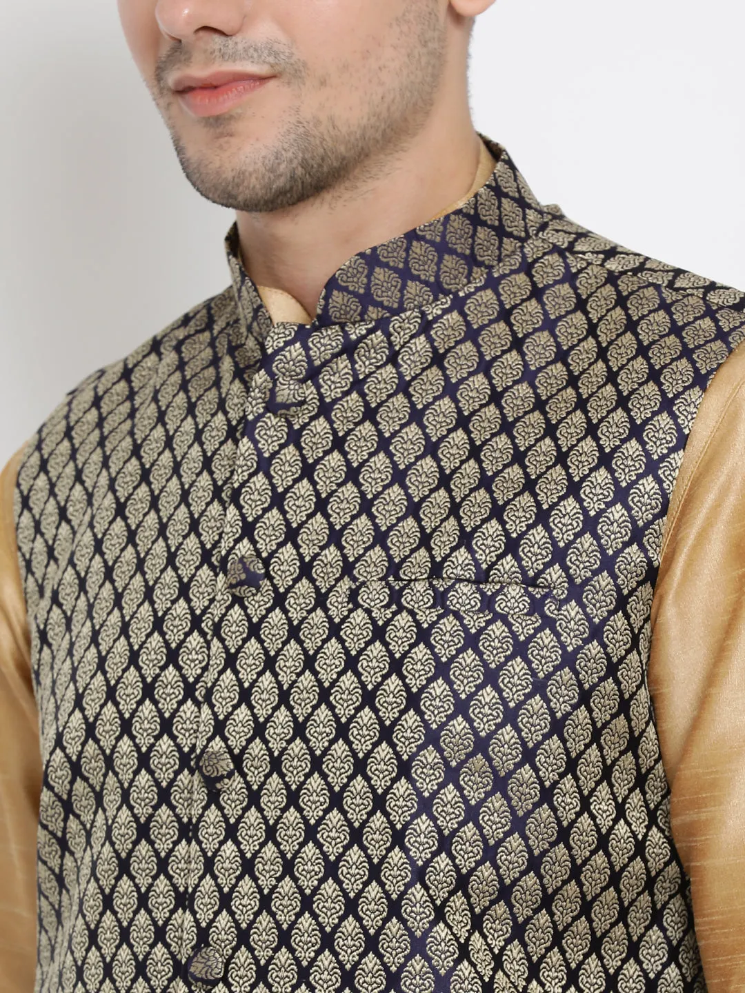Jashvi Men's Blue Silk Blend Jacket With Curved Kurta Dhoti Set