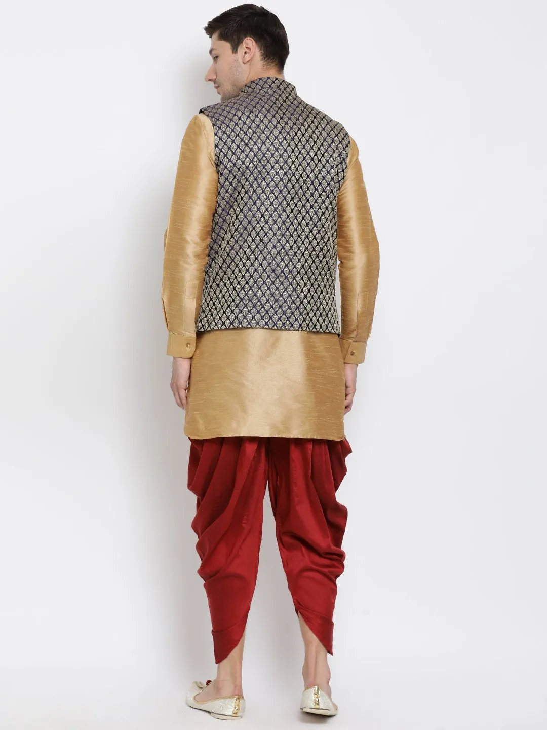 Jashvi Men's Blue Silk Blend Jacket With Curved Kurta Dhoti Set