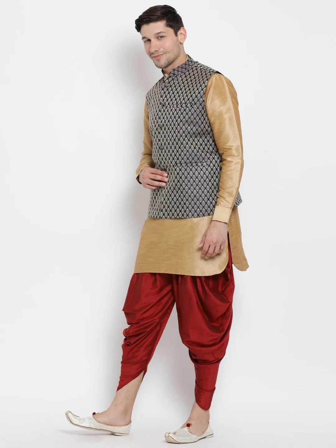 Jashvi Men's Blue Silk Blend Jacket With Curved Kurta Dhoti Set