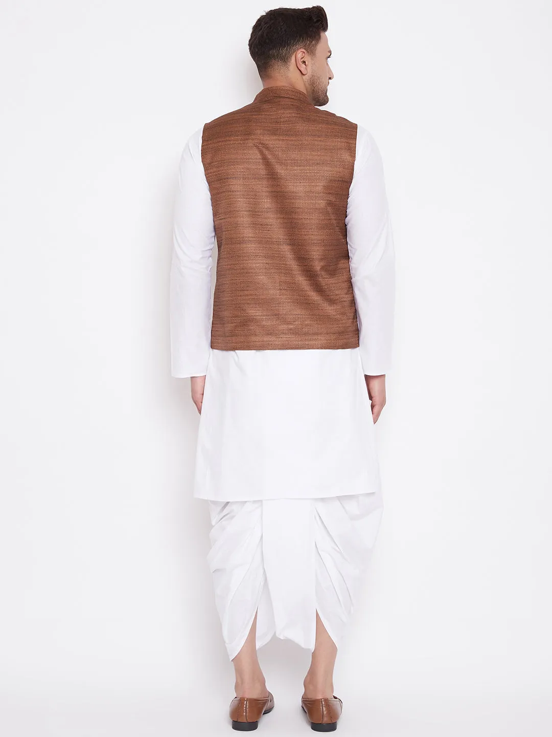 Jashvi Men's Coffee Brown And White Cotton Blend Jacket, Kurta and Dhoti Set