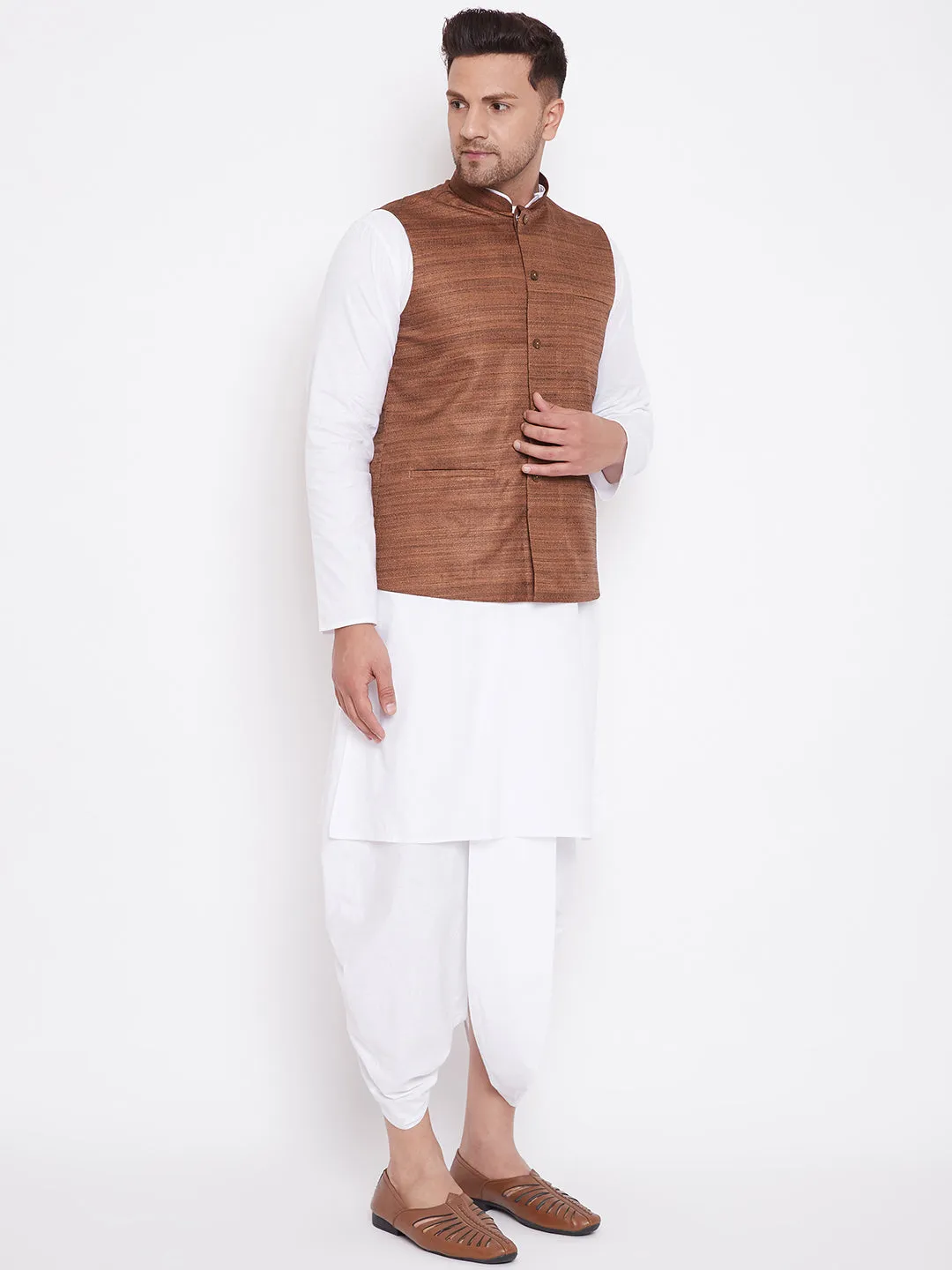 Jashvi Men's Coffee Brown And White Cotton Blend Jacket, Kurta and Dhoti Set