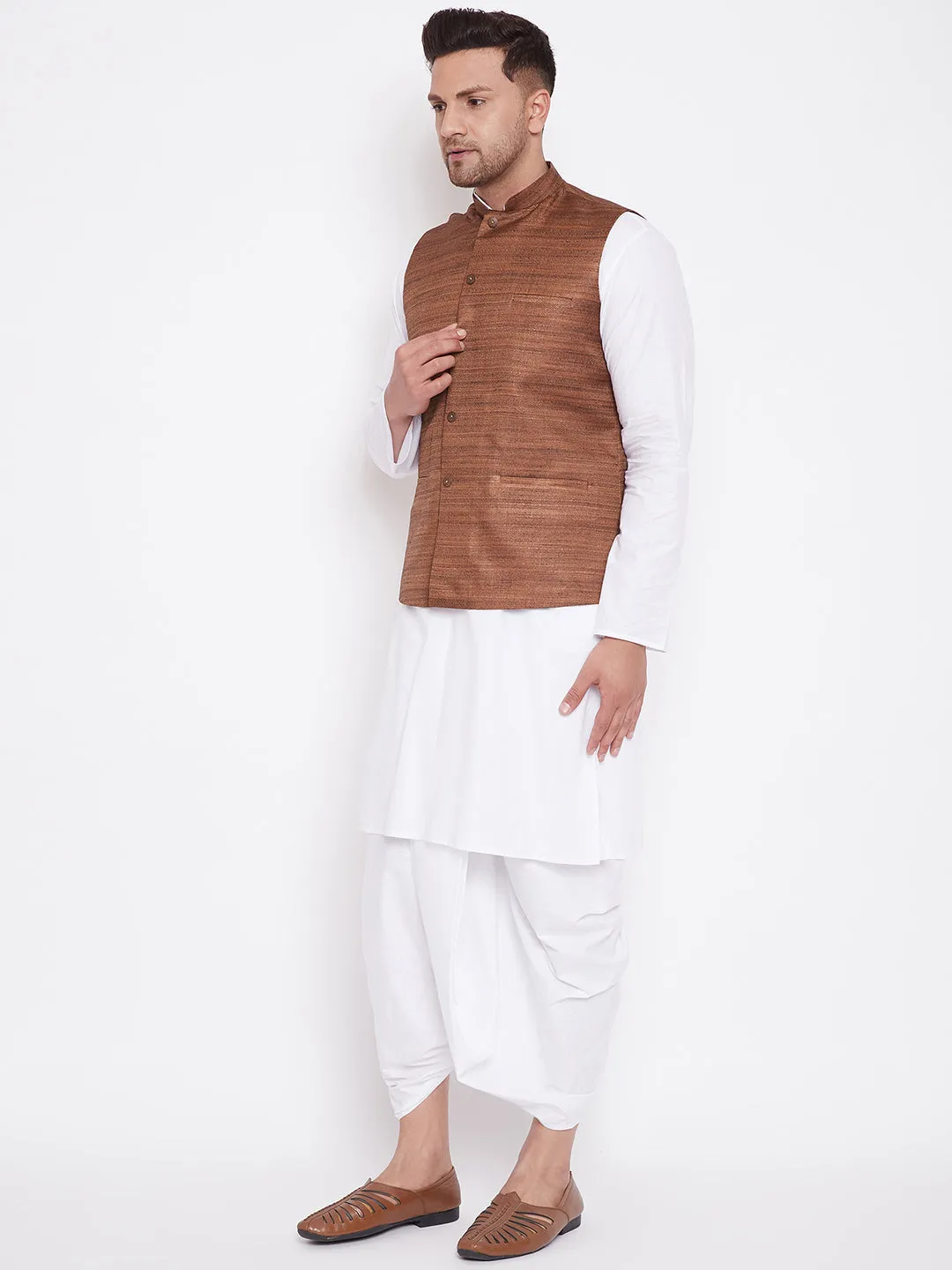 Jashvi Men's Coffee Brown And White Cotton Blend Jacket, Kurta and Dhoti Set