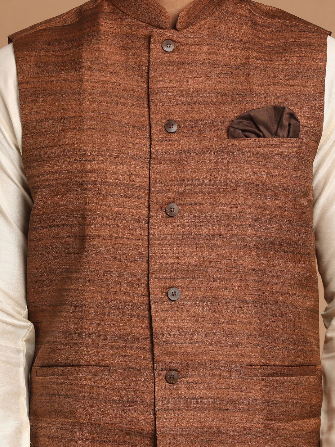 Jashvi Men's Coffee Brown Nehru Jacket With Cream Solid Kurta And Pyjama Set