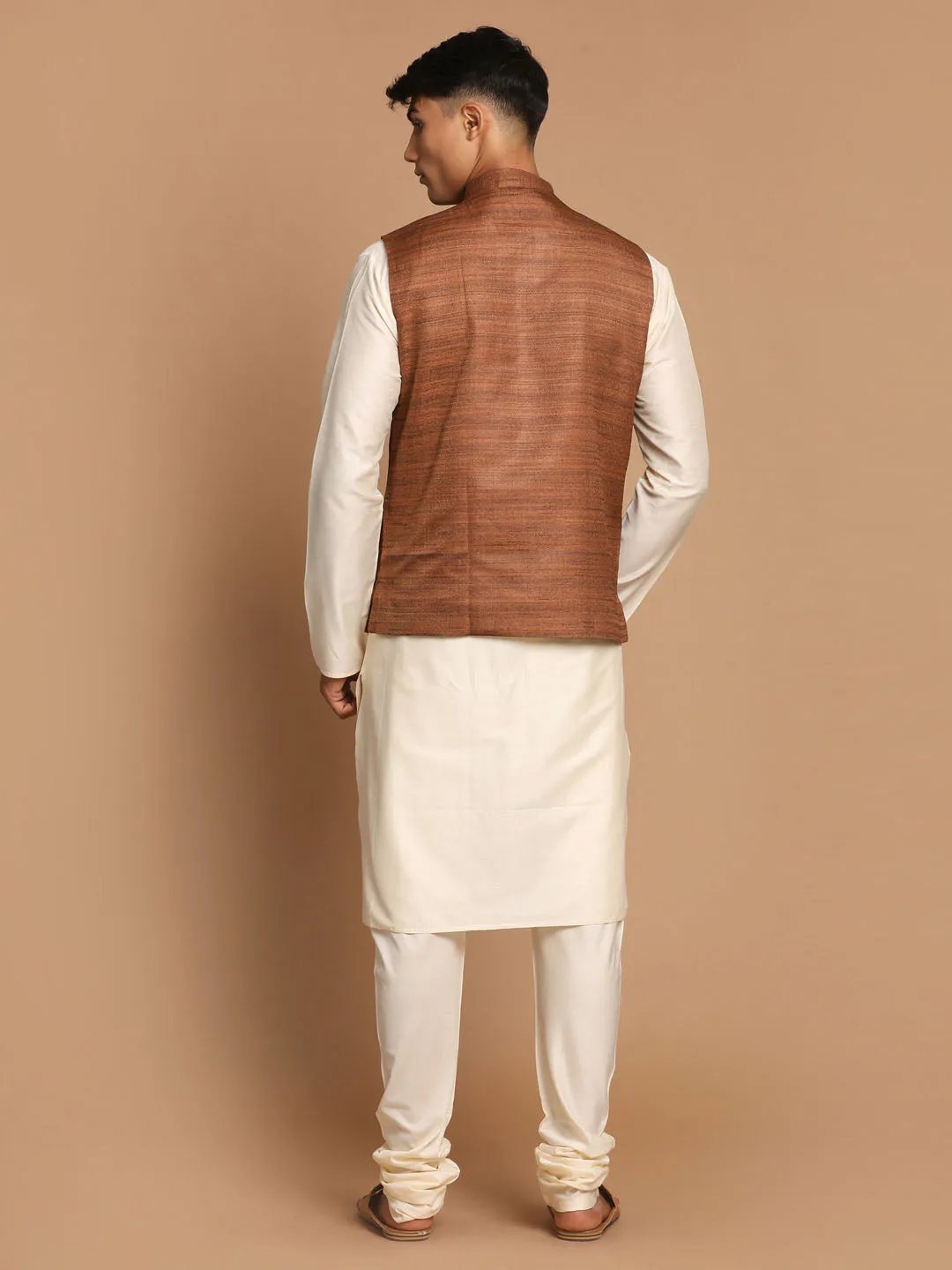 Jashvi Men's Coffee Brown Nehru Jacket With Cream Solid Kurta And Pyjama Set