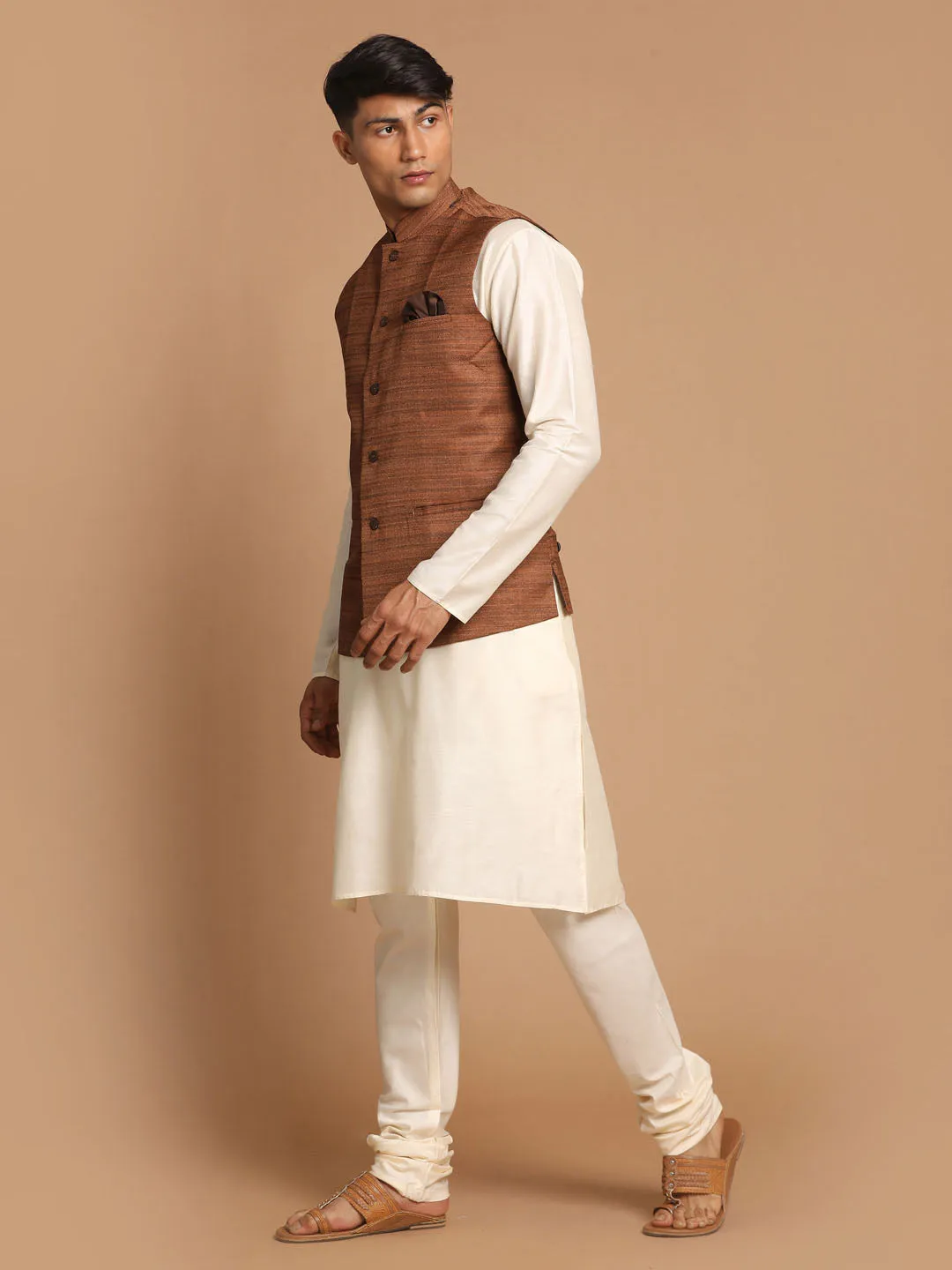 Jashvi Men's Coffee Brown Nehru Jacket With Cream Solid Kurta And Pyjama Set