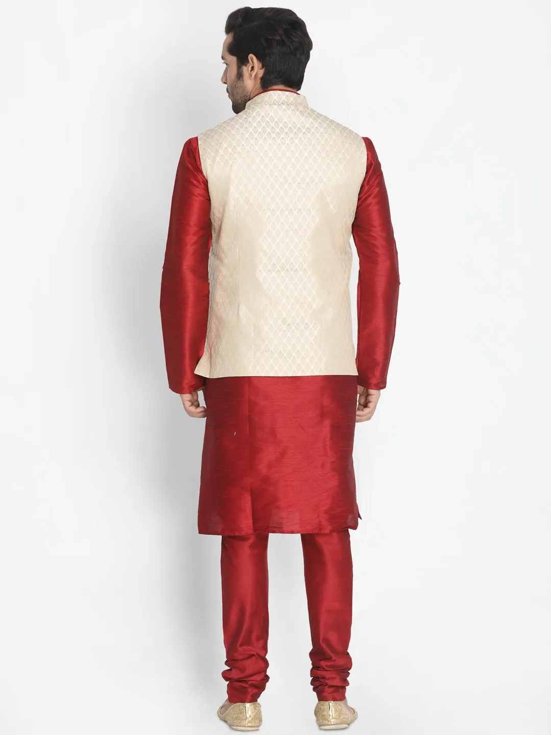 Jashvi Men's Cream Silk Blend Jacket With Kurta Pyjama Set