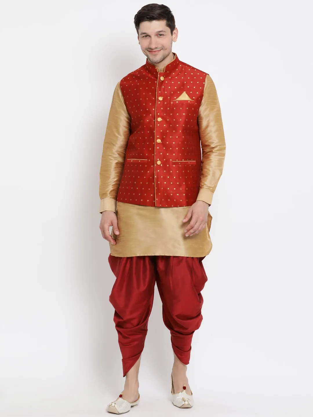 Jashvi Men's Gold Cotton Silk Blend Ethnic Jacket, Kurta and Dhoti Pant Set