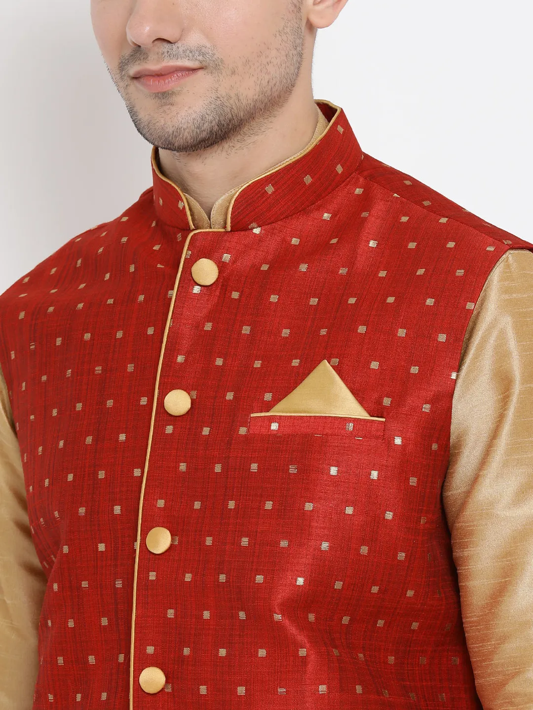 Jashvi Men's Gold Cotton Silk Blend Ethnic Jacket, Kurta and Dhoti Pant Set