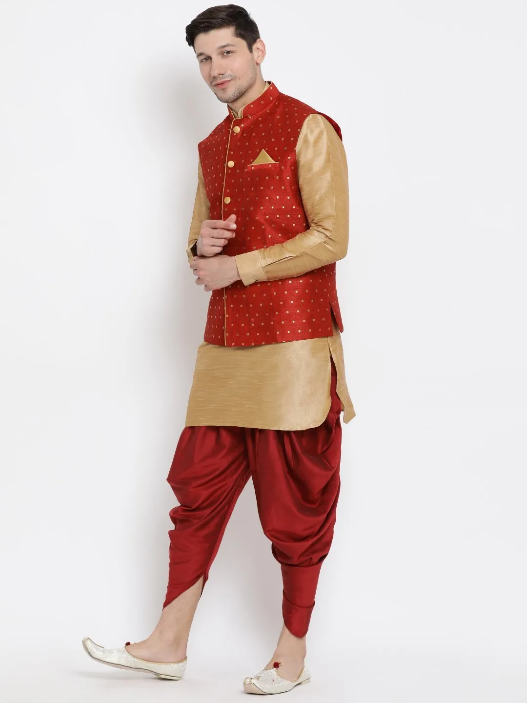 Jashvi Men's Gold Cotton Silk Blend Ethnic Jacket, Kurta and Dhoti Pant Set