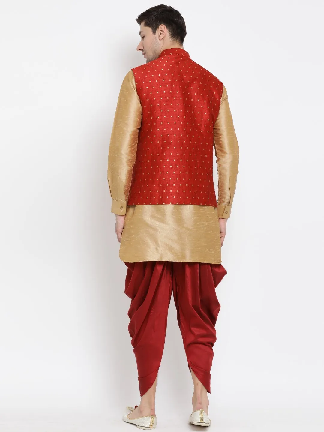 Jashvi Men's Gold Cotton Silk Blend Ethnic Jacket, Kurta and Dhoti Pant Set