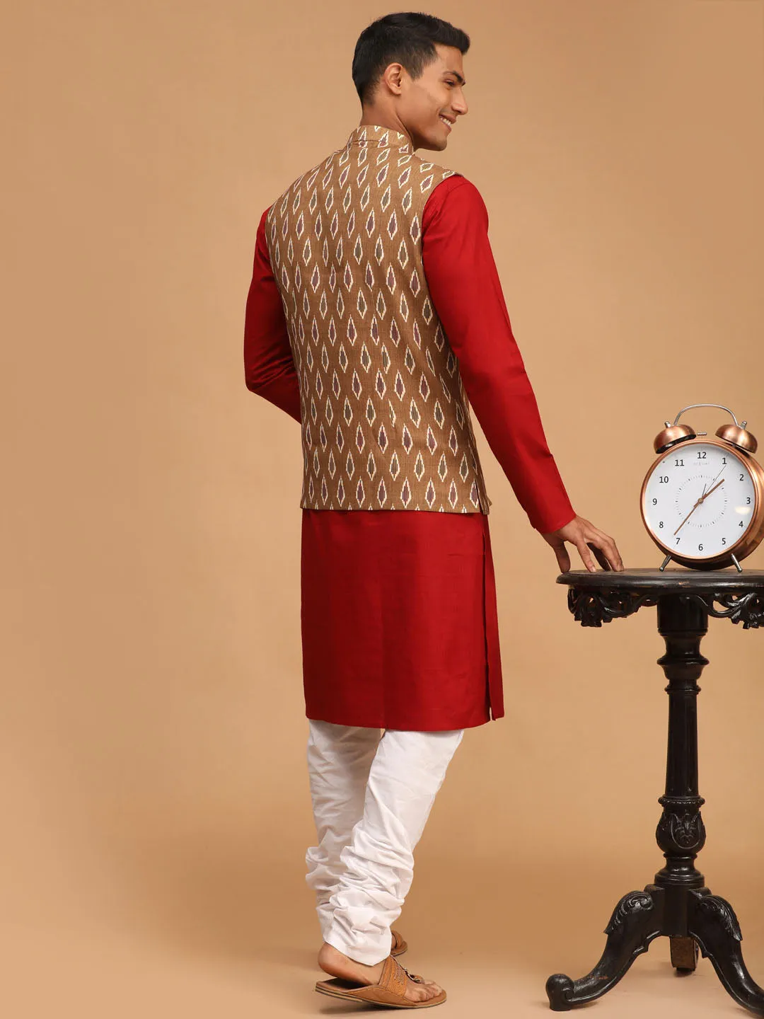 Jashvi Men's Green Printed Cotton Nehru Jacket With Maroon Kurta And White Pyjama Set