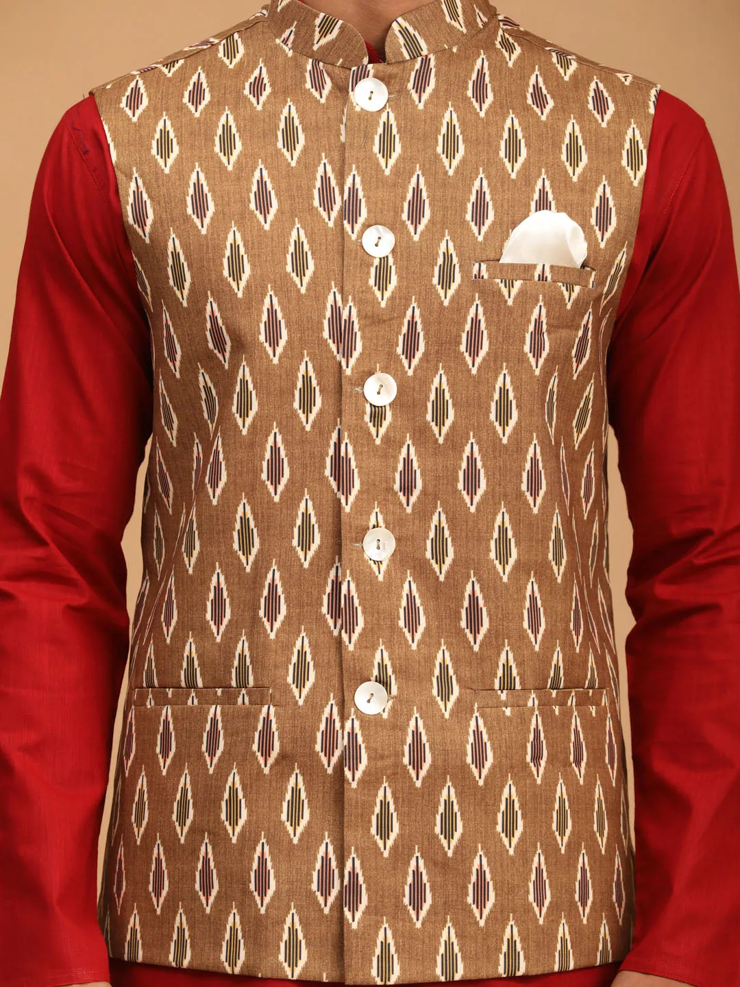 Jashvi Men's Green Printed Cotton Nehru Jacket With Maroon Kurta And White Pyjama Set
