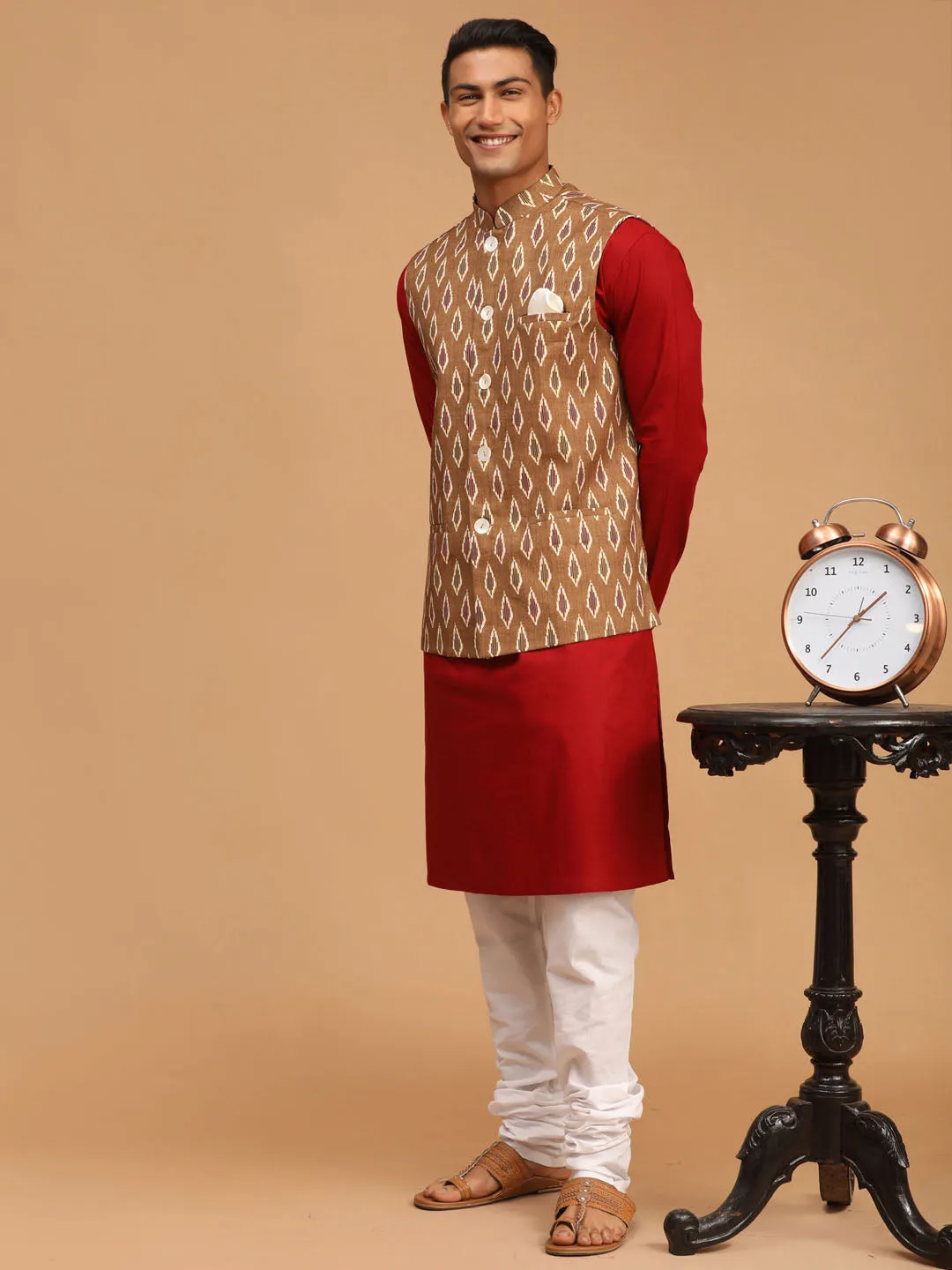 Jashvi Men's Green Printed Cotton Nehru Jacket With Maroon Kurta And White Pyjama Set