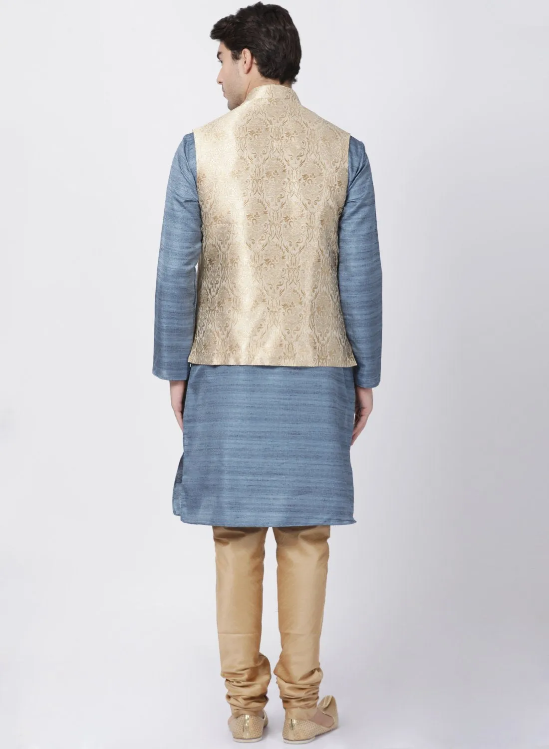 Jashvi Men's Grey Cotton Silk Blend Kurta, Ethnic Jacket and Pyjama Set