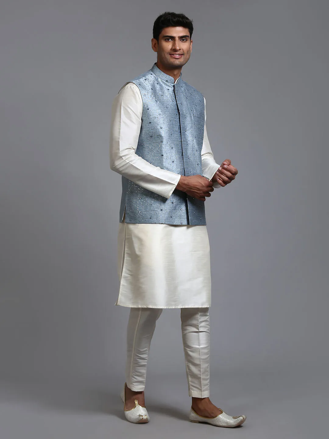 Jashvi Men's Grey Embellished Jacket with Cream Kurta Pant Set