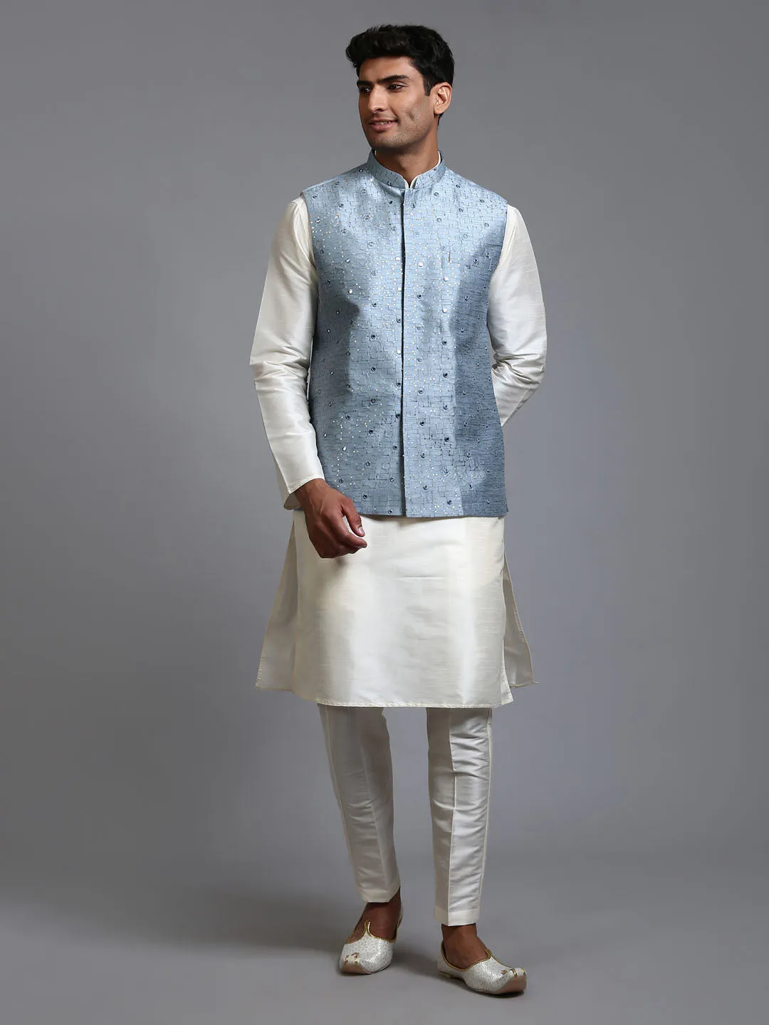 Jashvi Men's Grey Embellished Jacket with Cream Kurta Pant Set