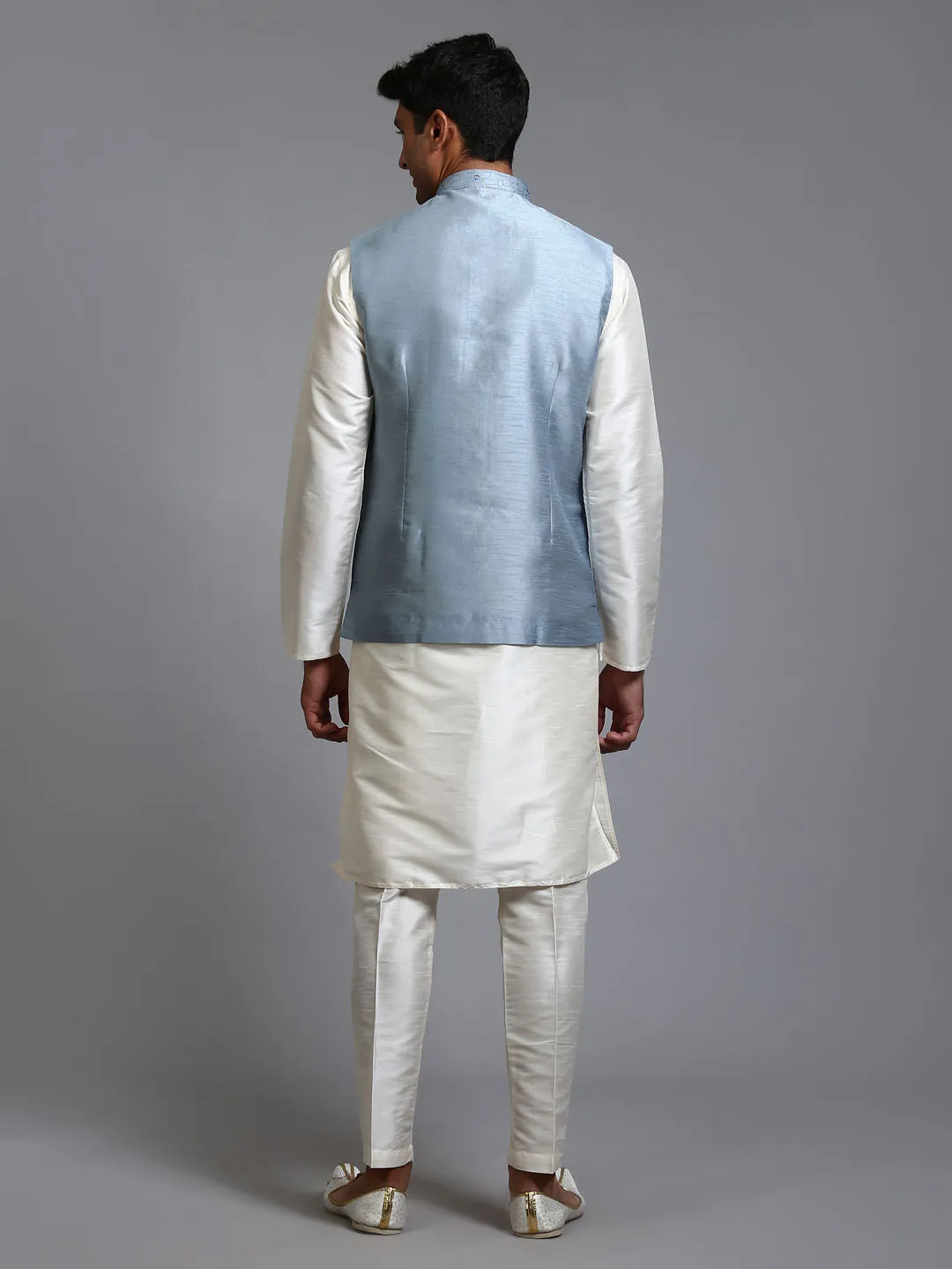Jashvi Men's Grey Embellished Jacket with Cream Kurta Pant Set