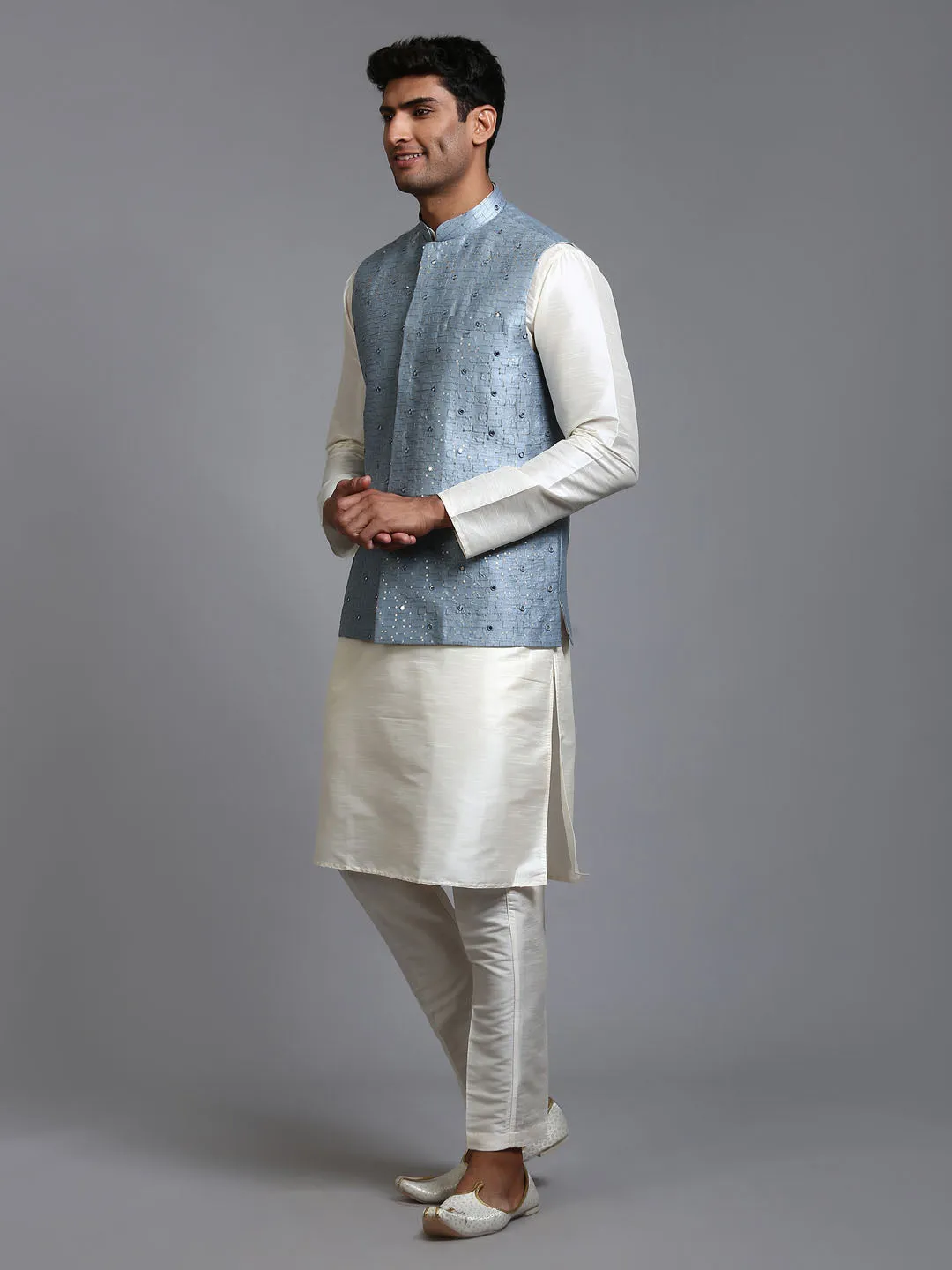 Jashvi Men's Grey Embellished Jacket with Cream Kurta Pant Set