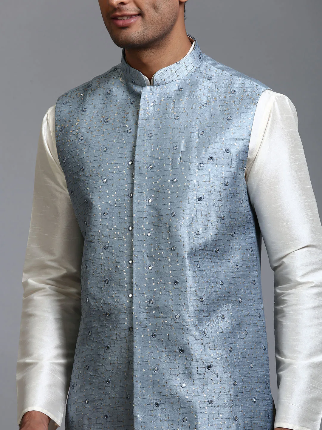 Jashvi Men's Grey Embellished Jacket with Cream Kurta Pant Set