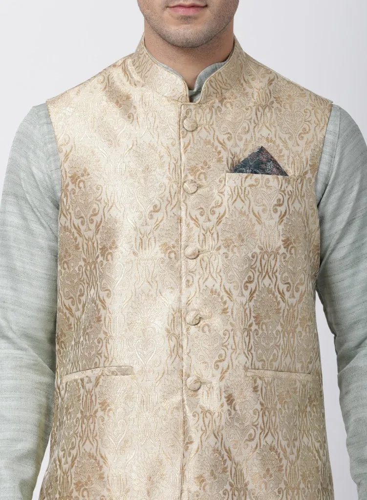 Jashvi Men's Light Grey Cotton Silk Blend Kurta, Ethnic Jacket and Pyjama Set