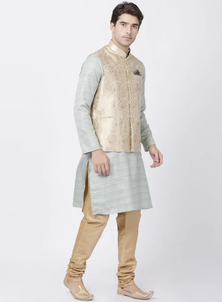 Jashvi Men's Light Grey Cotton Silk Blend Kurta, Ethnic Jacket and Pyjama Set