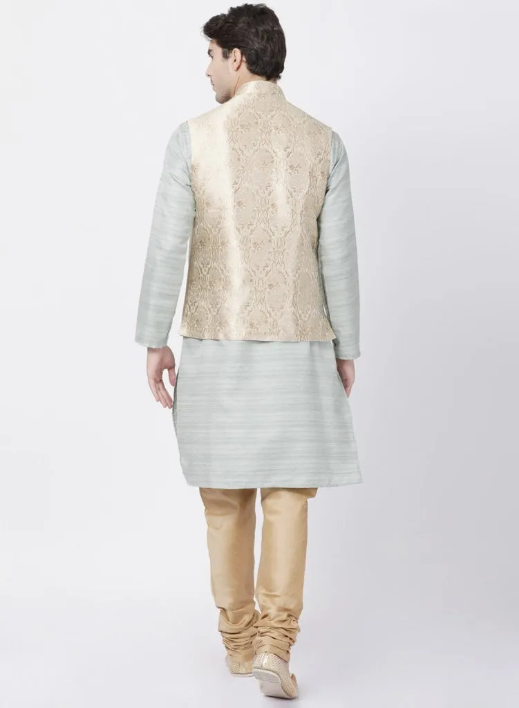 Jashvi Men's Light Grey Cotton Silk Blend Kurta, Ethnic Jacket and Pyjama Set