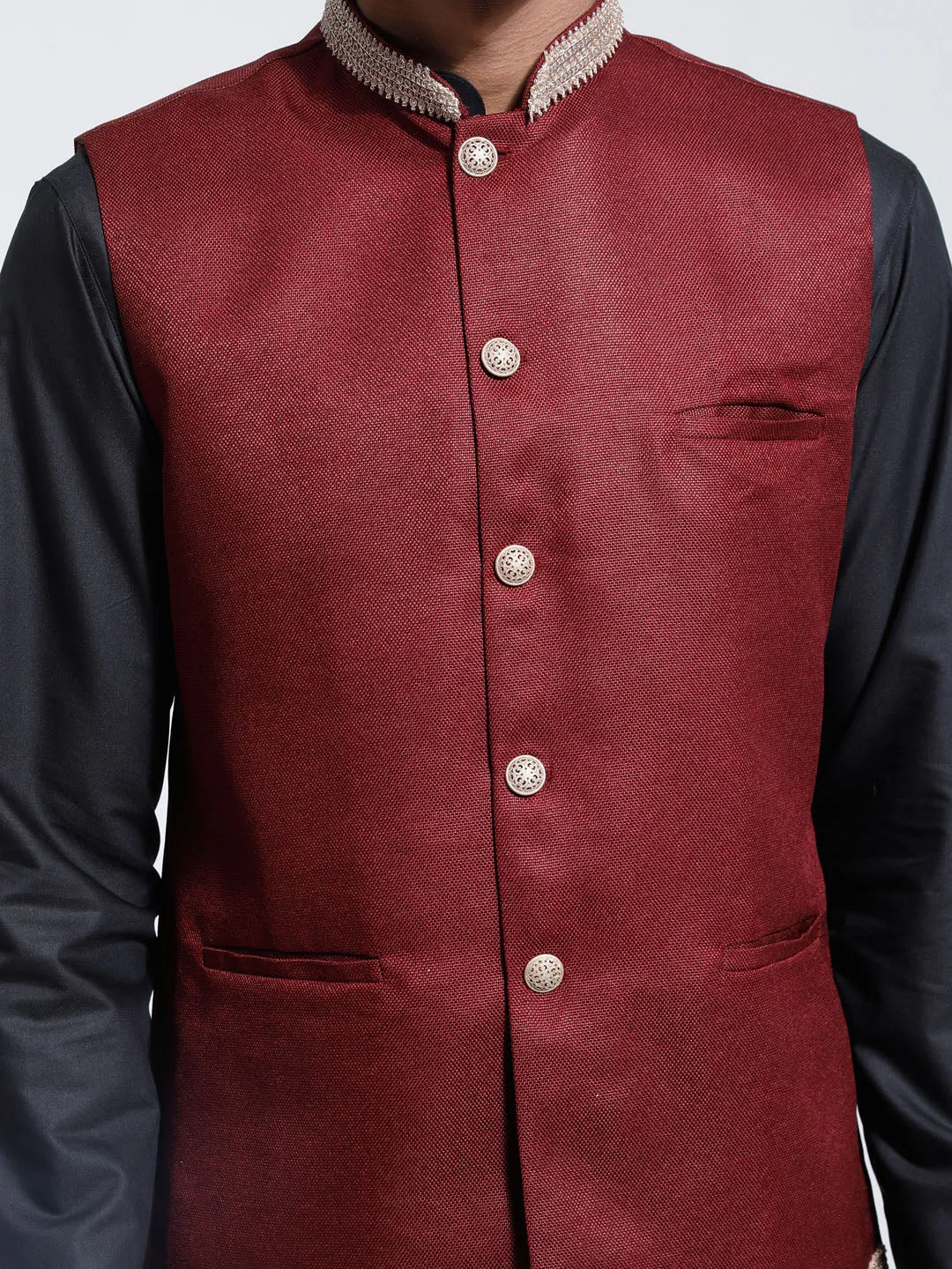 Jashvi Men's Maroon And Black Cotton Silk Jacket, Kurta and Pyjama Set