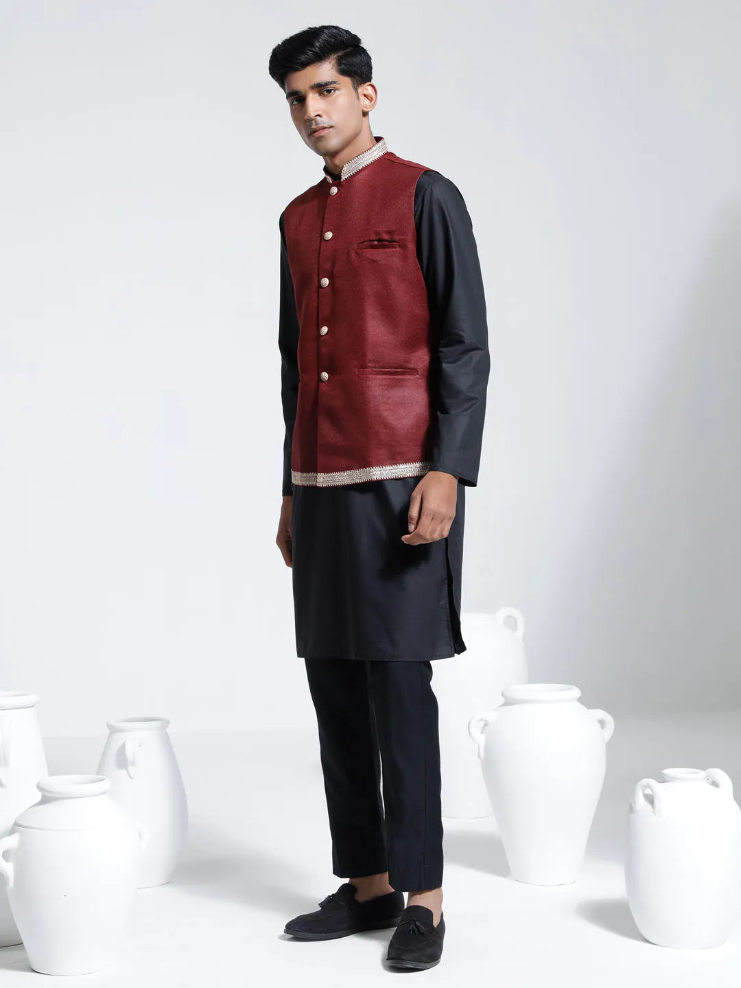 Jashvi Men's Maroon And Black Cotton Silk Jacket, Kurta and Pyjama Set