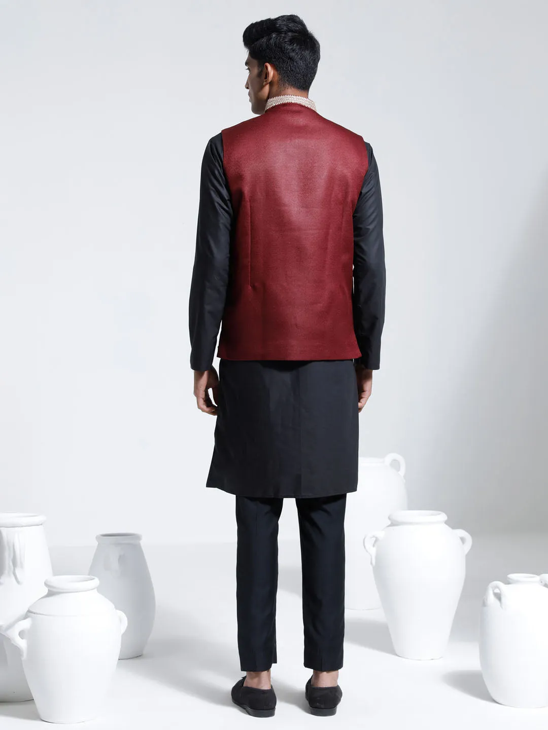 Jashvi Men's Maroon And Black Cotton Silk Jacket, Kurta and Pyjama Set