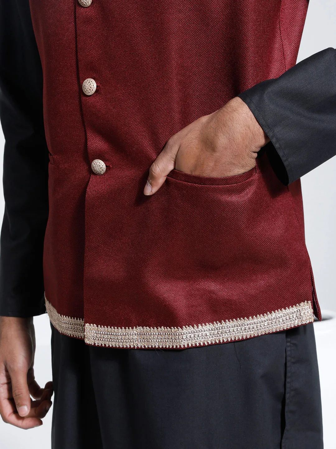 Jashvi Men's Maroon And Black Cotton Silk Jacket, Kurta and Pyjama Set