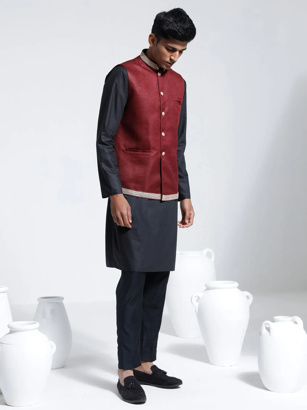 Jashvi Men's Maroon And Black Cotton Silk Jacket, Kurta and Pyjama Set
