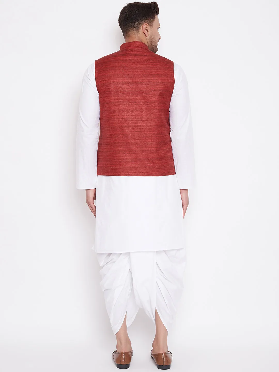 Jashvi Men's Maroon And White Cotton Blend Jacket, Kurta and Dhoti Set
