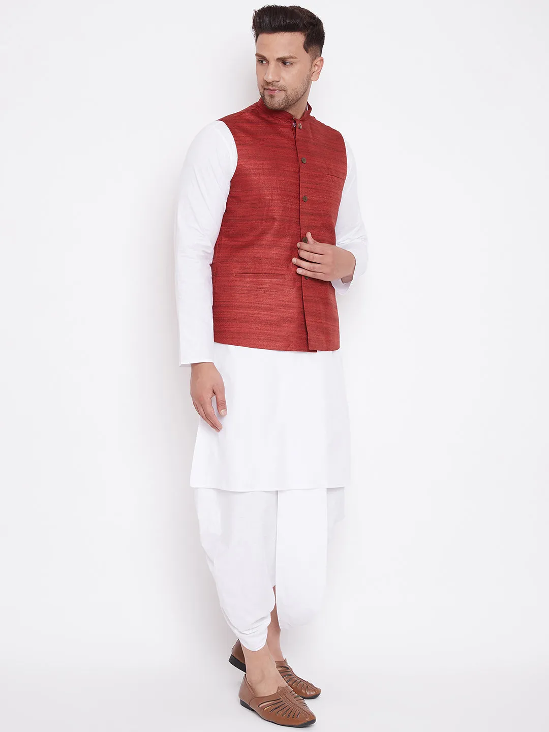 Jashvi Men's Maroon And White Cotton Blend Jacket, Kurta and Dhoti Set