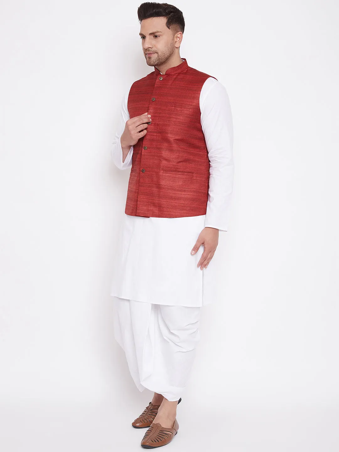 Jashvi Men's Maroon And White Cotton Blend Jacket, Kurta and Dhoti Set