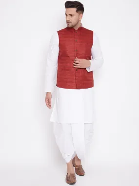 Jashvi Men's Maroon And White Cotton Blend Jacket, Kurta and Dhoti Set