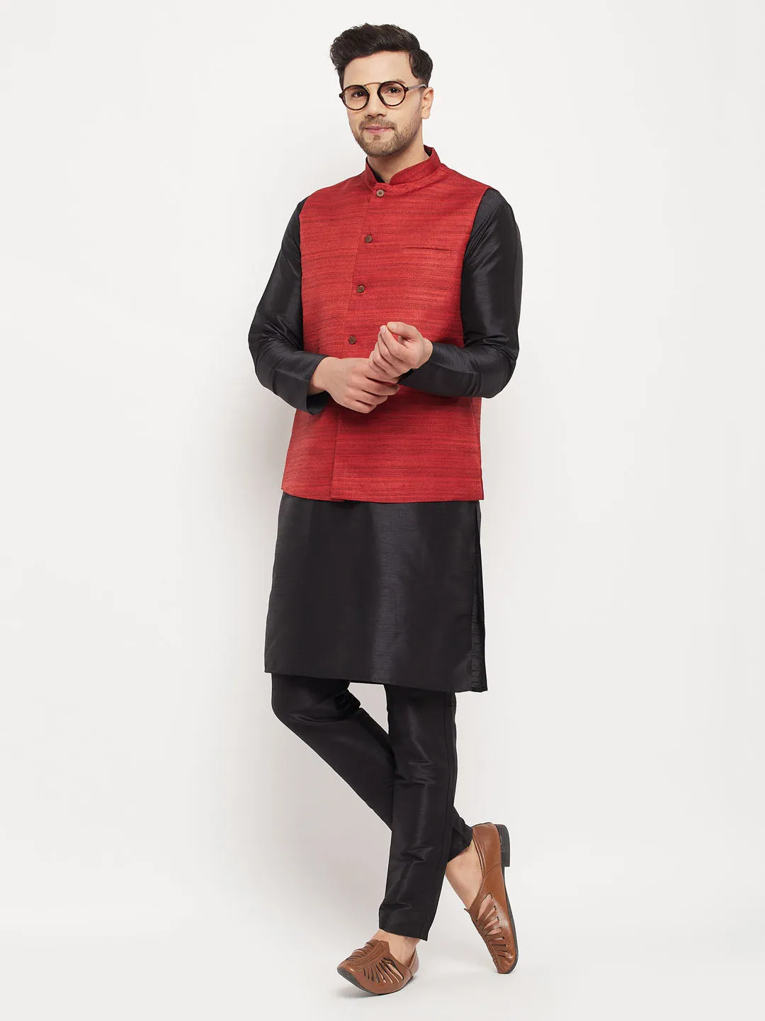 Jashvi Men's Maroon Matka Silk Nehru Jacket With Black Silk Blend Kurta and Pant style Pyjama Set