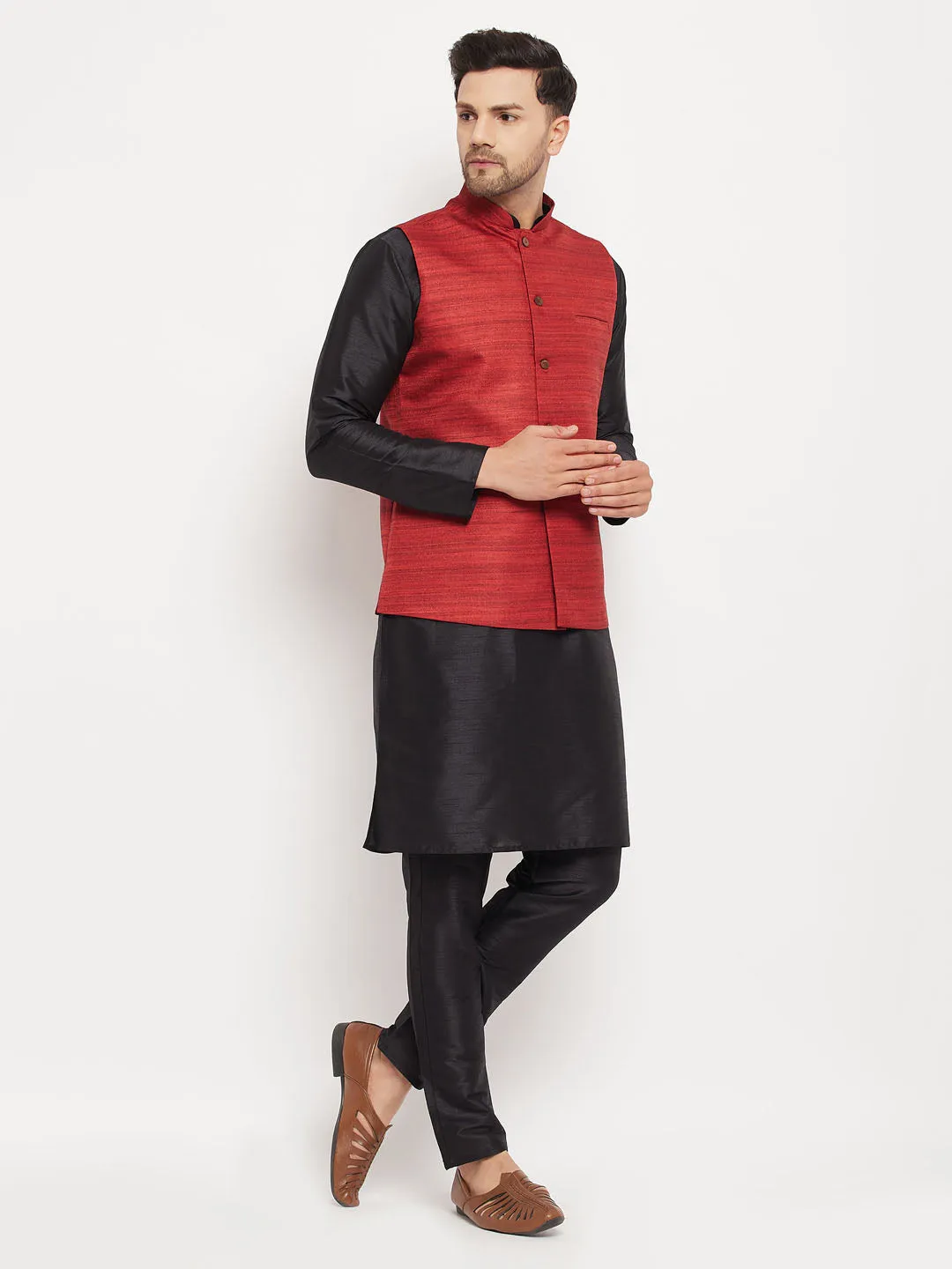 Jashvi Men's Maroon Matka Silk Nehru Jacket With Black Silk Blend Kurta and Pant style Pyjama Set