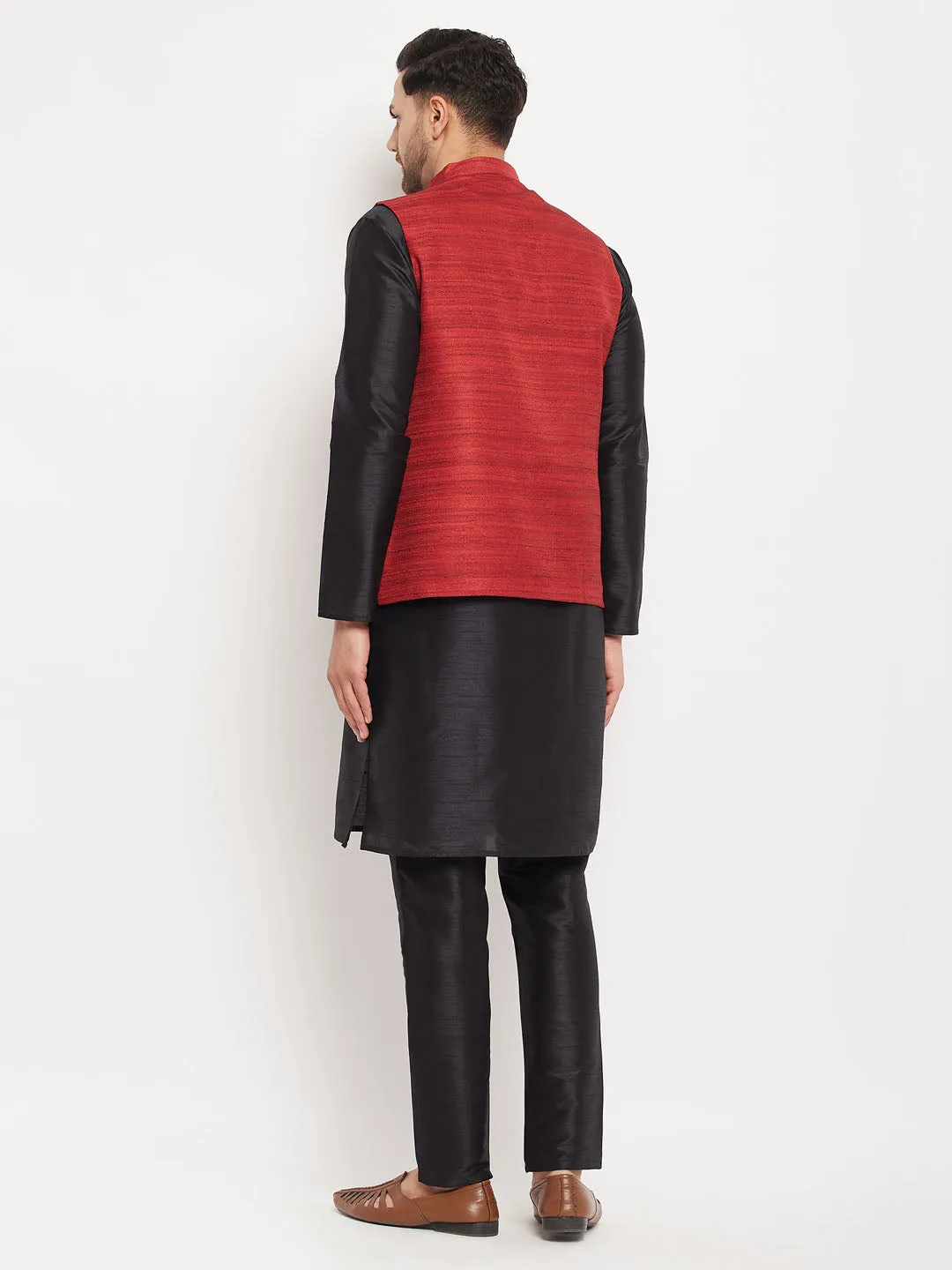 Jashvi Men's Maroon Matka Silk Nehru Jacket With Black Silk Blend Kurta and Pant style Pyjama Set