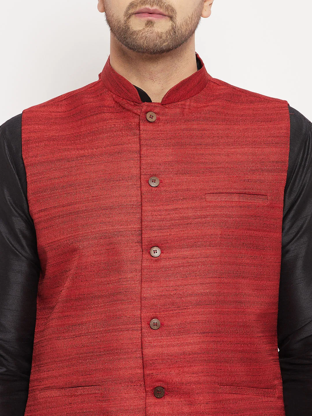 Jashvi Men's Maroon Matka Silk Nehru Jacket With Black Silk Blend Kurta and Pant style Pyjama Set