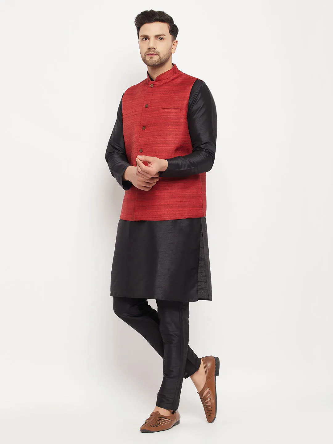 Jashvi Men's Maroon Matka Silk Nehru Jacket With Black Silk Blend Kurta and Pant style Pyjama Set